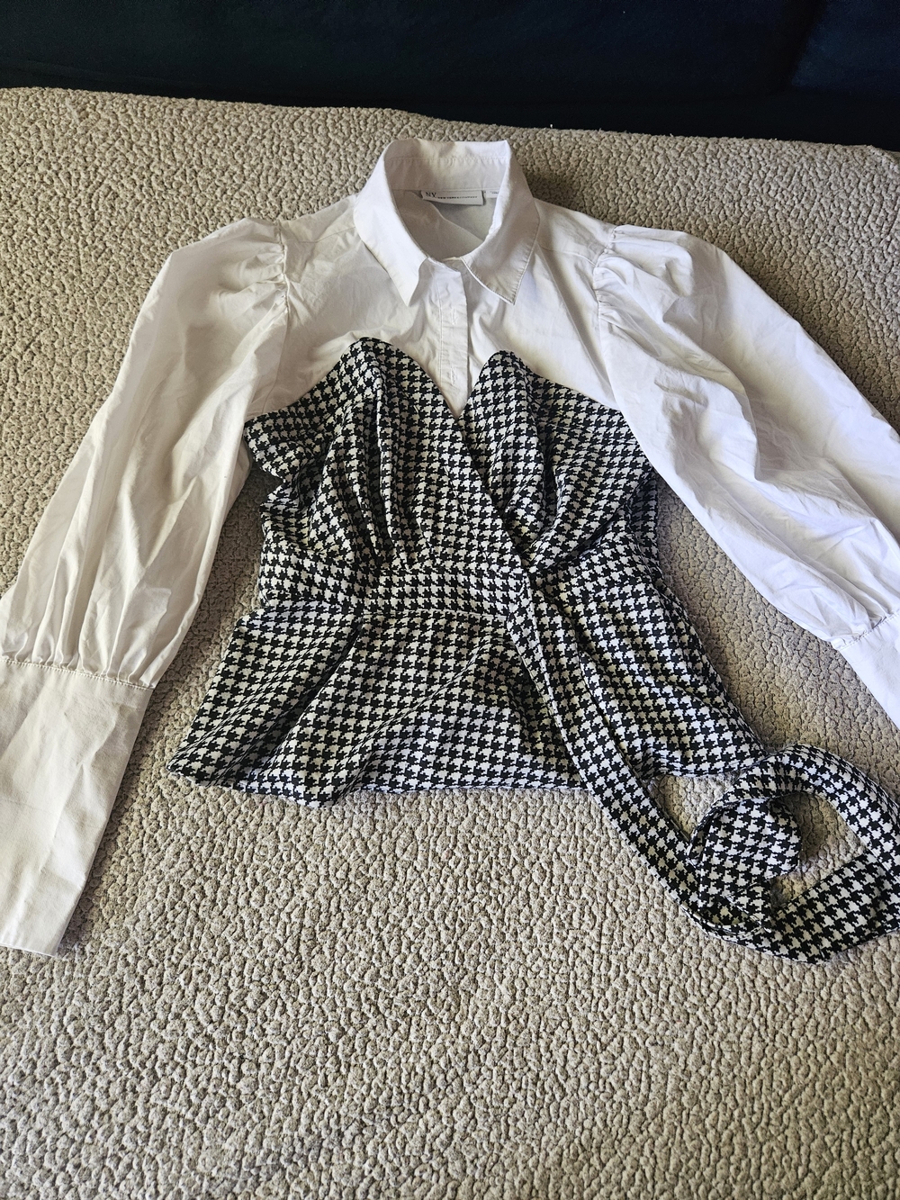 White Collared Shirt with Black Houndstooth Wrap Bustier